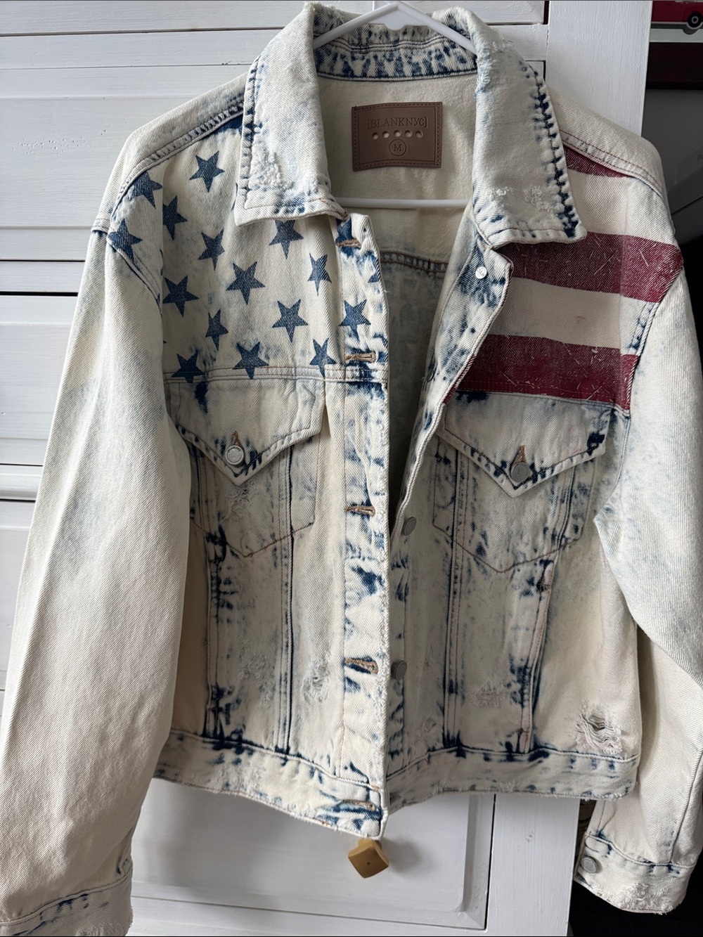 BLANKNYC American Flag Print Bleached Distressed Denim Jacket